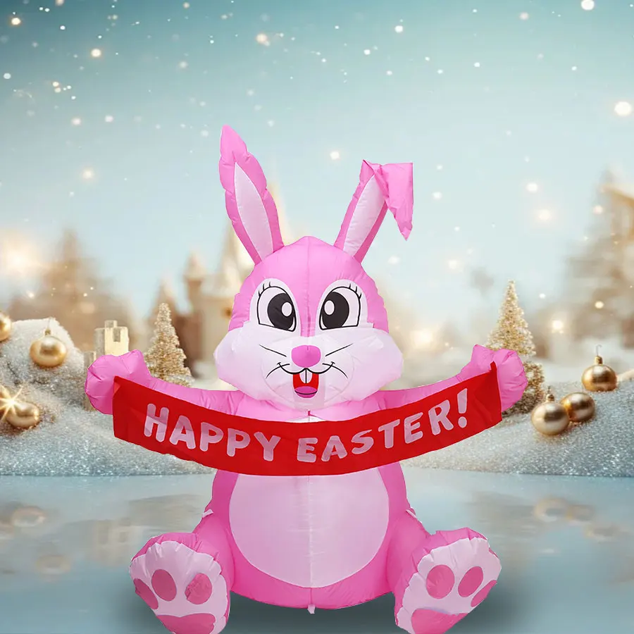 

A pink inflatable Easter bunny for patio decoration, 1.5 meters tall with lights, a cute Easter decoration.
