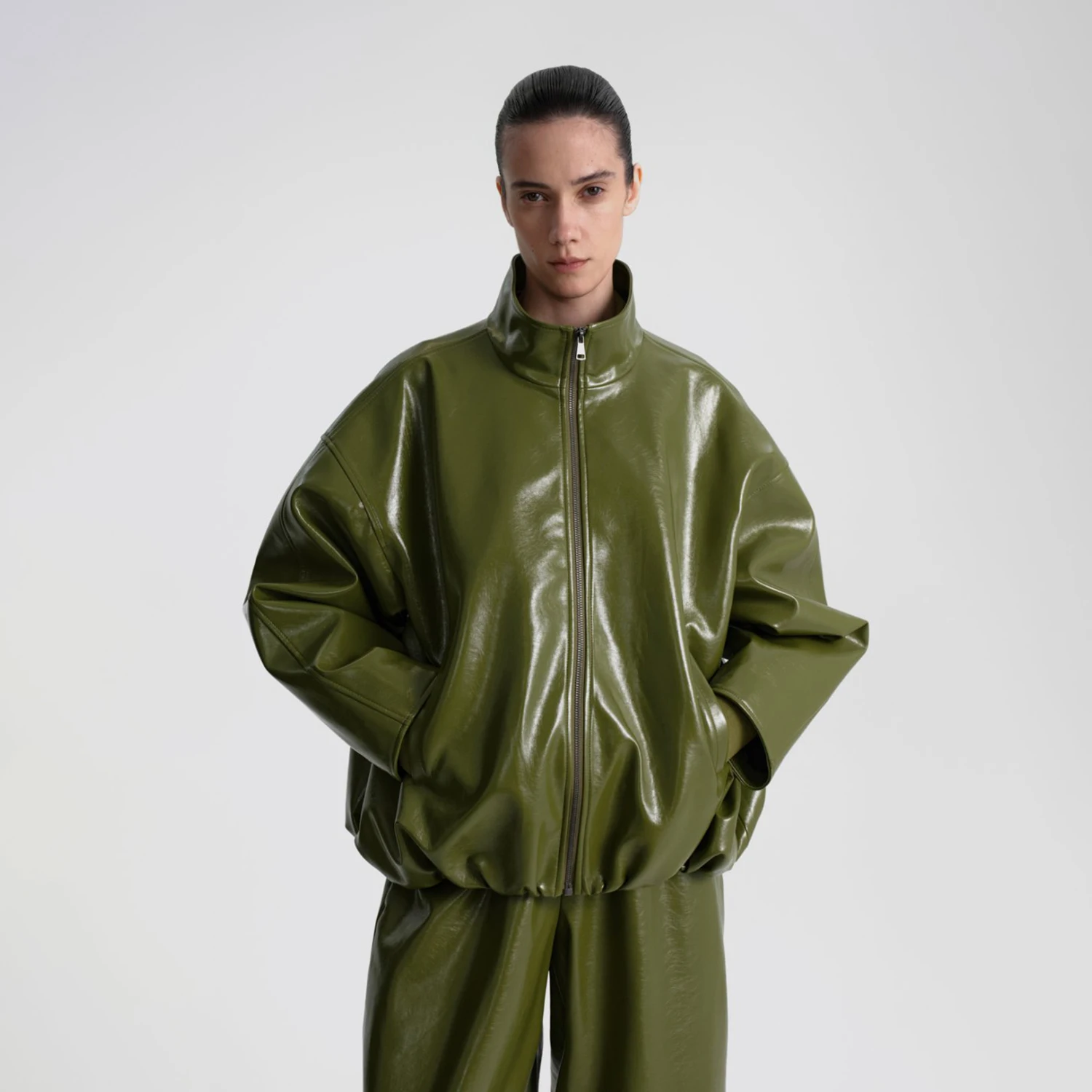 NOVA Women's Oversized Glossy Faux Leather Zip-Up Jacket – Stand Collar Bomber with Pockets for Fall Street Style