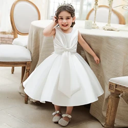 Toddler Satin Girls Dress White Party Pleated Large Bow 1st Birthday Princess Dresses for Girl Baptism Prom Wedding Kids Clothes