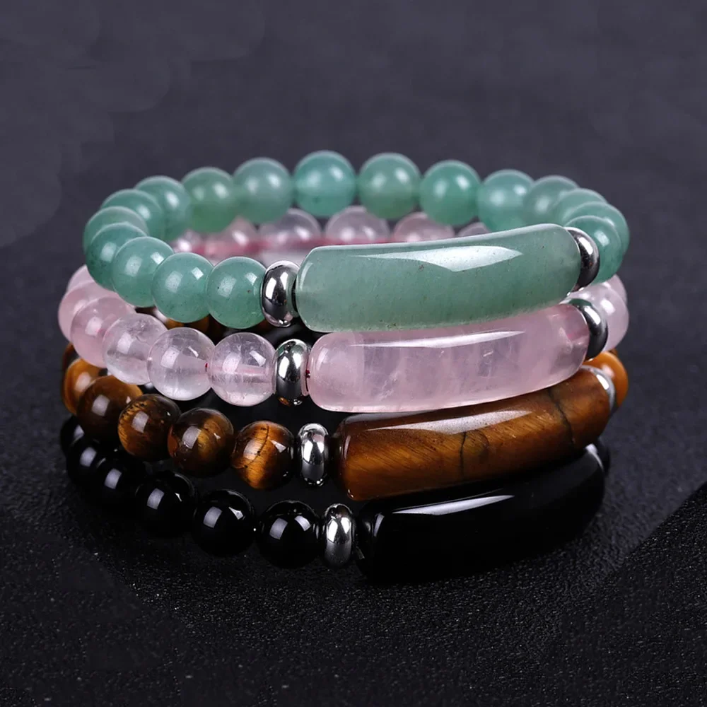 Natural Stone Elastic Bracelet Aura Healing Pink Spar Green Aventurine Tiger\'s eye Crystal Rectangular Long Bracelet for Women