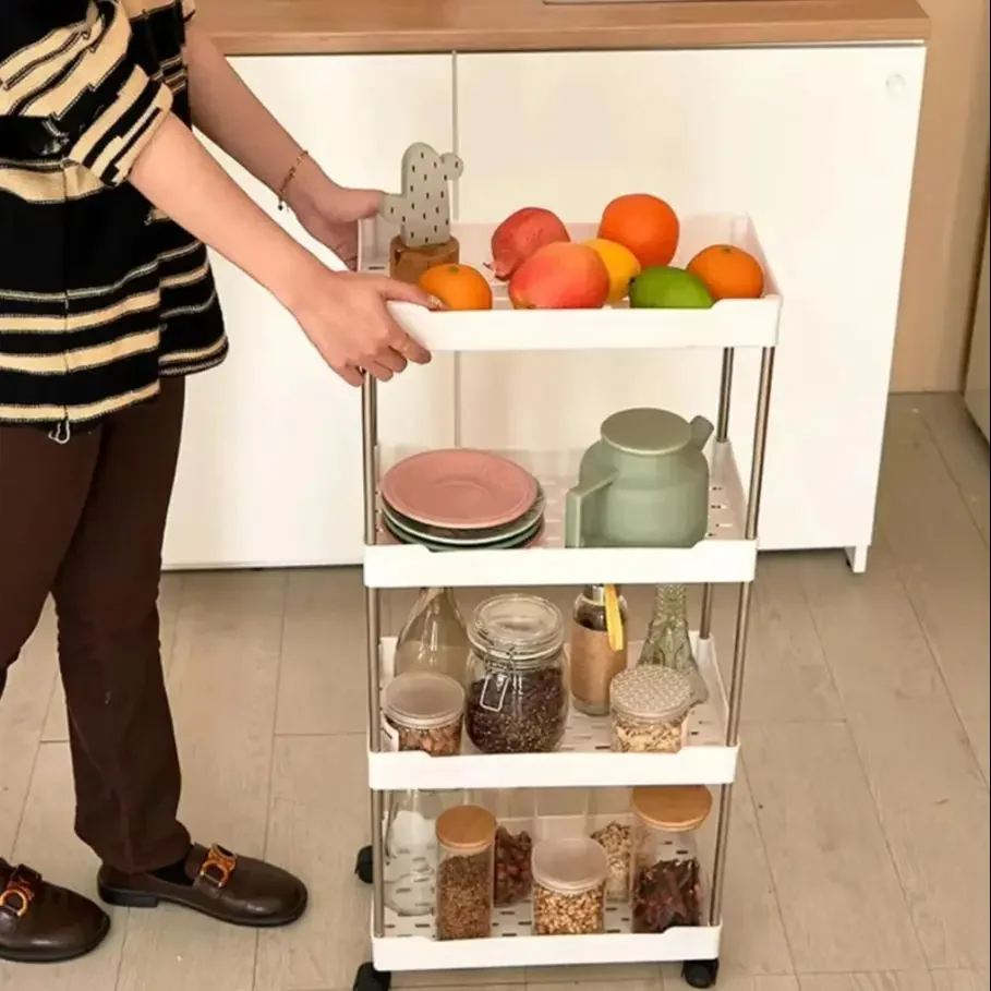 yes3/4 Tier Movable Rolling Utility Cart, Slide Out Organizer Shelf, Slim Gap Storage Rack for Kitchen & Bathroom Home Narrow Sp