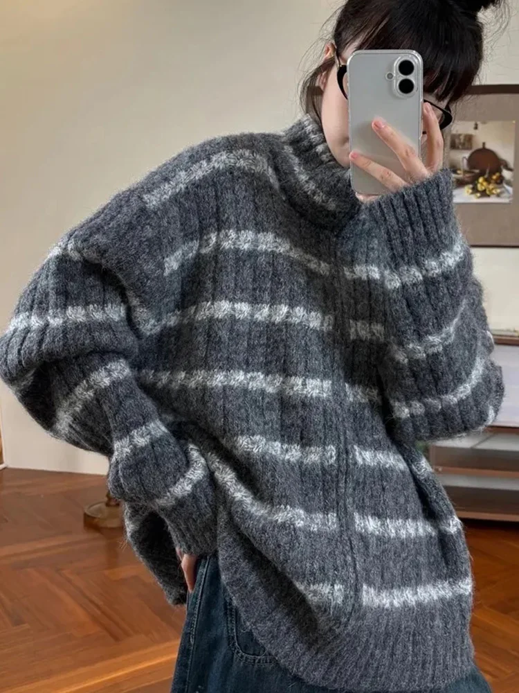 

Vintage Striped Cardigan Women Casual Preppy Style Loose Knitted Sweaters Japan Lazy Wind Stand Up Collar Long Sleeve Tops