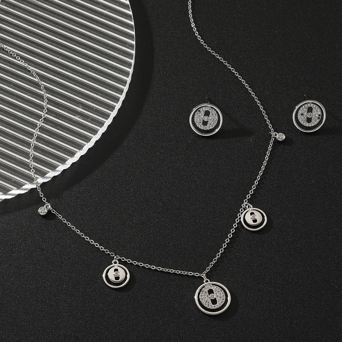 Women Fashion Trendy Zircon Choker Necklace Earring Set Round Design Wedding Party Adjustable Necklace Jewelry Set ​Accessory
