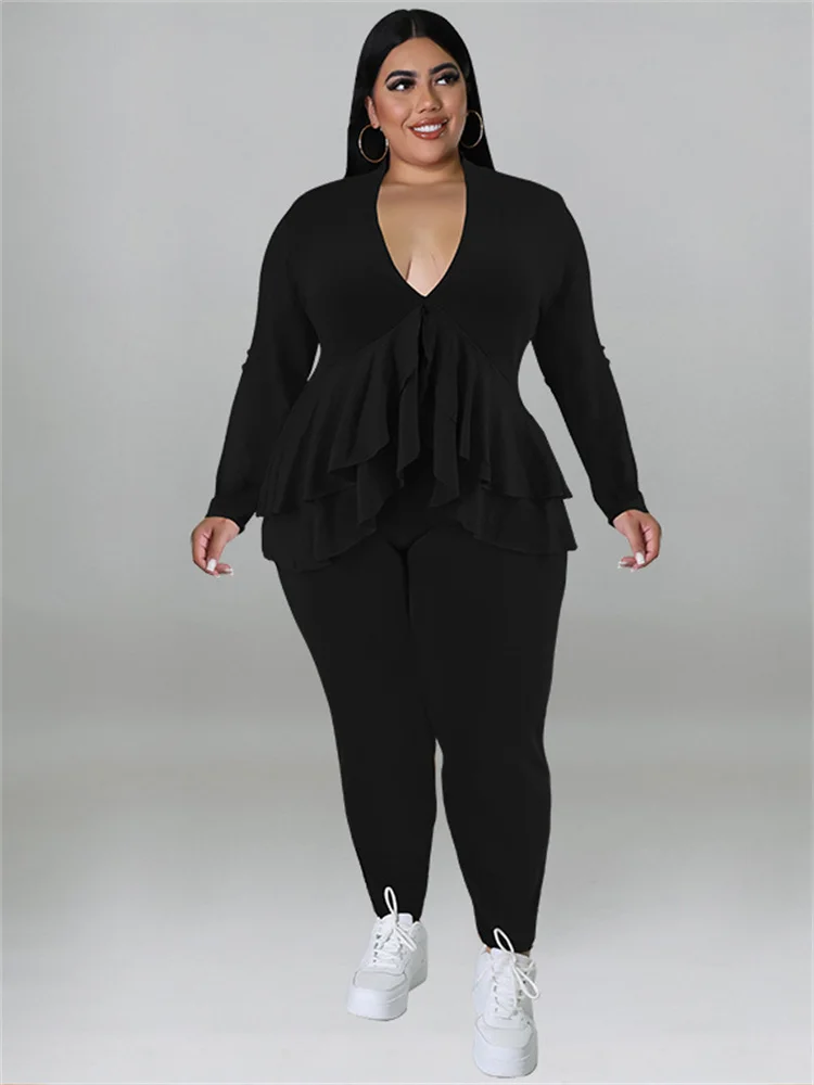 Wmstar Plus Size dwuczęściowe stroje damskie V Neck Ruffles Hem Top legginsy zestawy solidna Stretch dres hurtownie Dropshipping