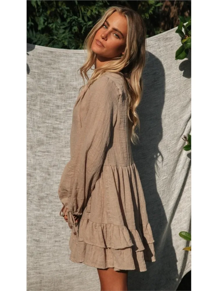 Spring Summer Loose Solid Women\'s Dress New Fashion V Neck Long Sleeve Beach Party Dresses Female Holiday For Women Robe Femme