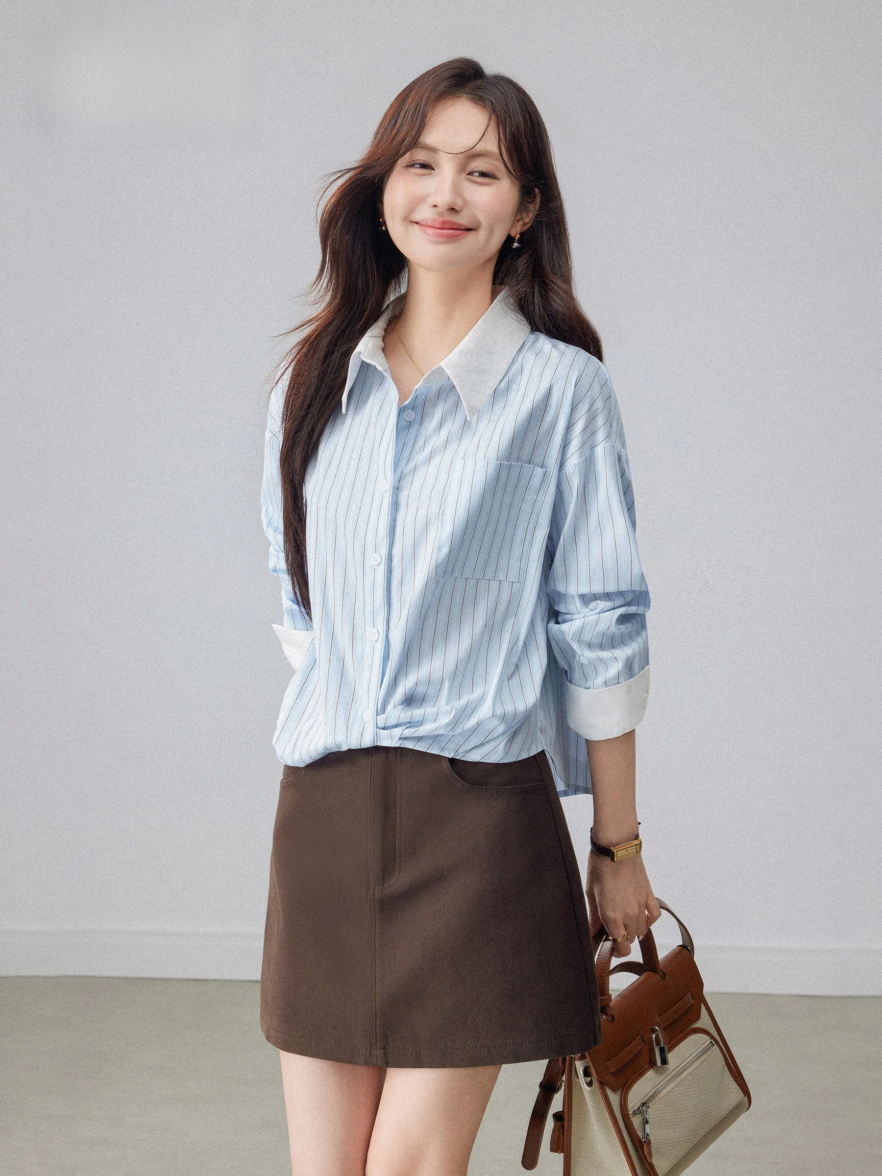 

Chic Korean Style Striped Long Sleeve Shirt Women's Early Spring New Design Collar Stand Collar Color Block Casual Style
