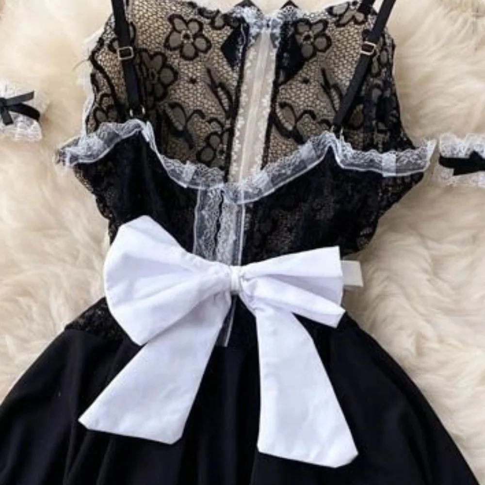 Sexy Maid Cosplay Uniform Lace Patchwork Women\'s Dress Backless Transparent Mini Skirt Apron Sensual Erotic Pajama Nightwear Hot