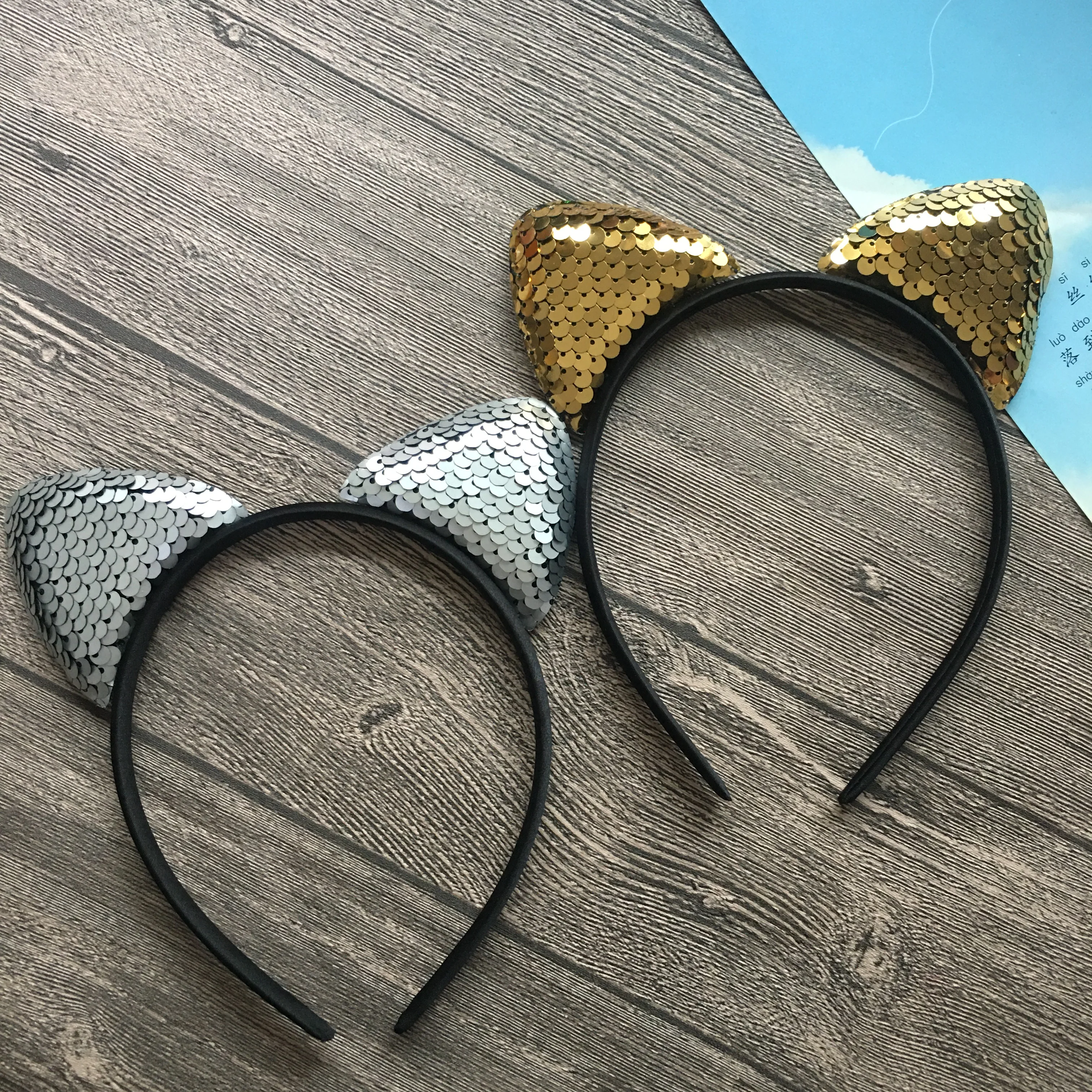 10Pcs/Lot Sequin Cat Ears Headband Shiny Cute Cartoon Ear Hoops Girl Bling Hairband Hair Accessories for Women Girls Daily Party