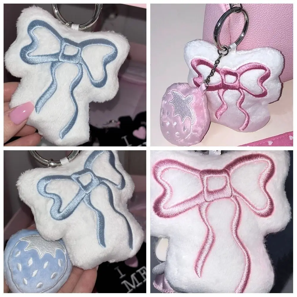 

Cute Key Ring Ornaments Plush Strawberry Bowknot Keychain Kawaii Backpack Decoration Hangings Ornament Keyring Sweet