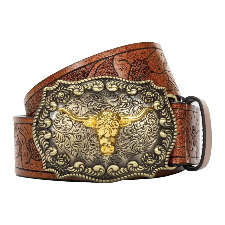 

Ремень с пряжкой в стиле лонгхорн-булл и цветочной гравировкой, подходит для талии 25-38 дюймов