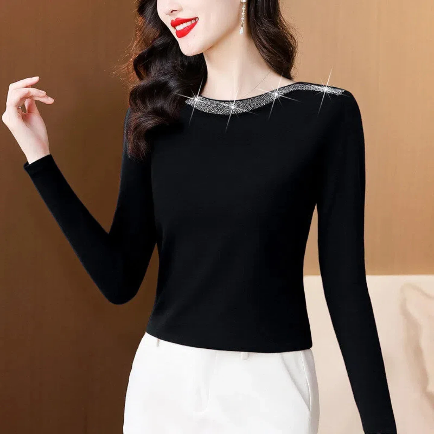 Korean Style Fashionable Long Sleeve T-Shirt Women's Commute Drill One Shoulder Top Mommy Clothes Early Autumn Youthful