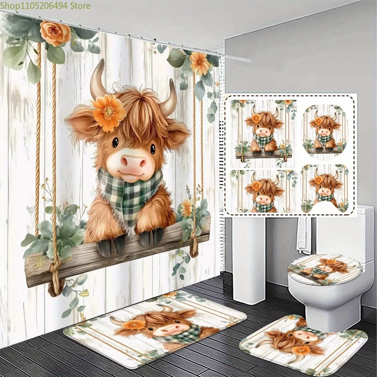 

1/3/4pcs, Elegant and comfortable, Cute Highland Cow Bathroom Set - Shower Curtain and Rug Set with Non-Slip Bath Mats Exquisi