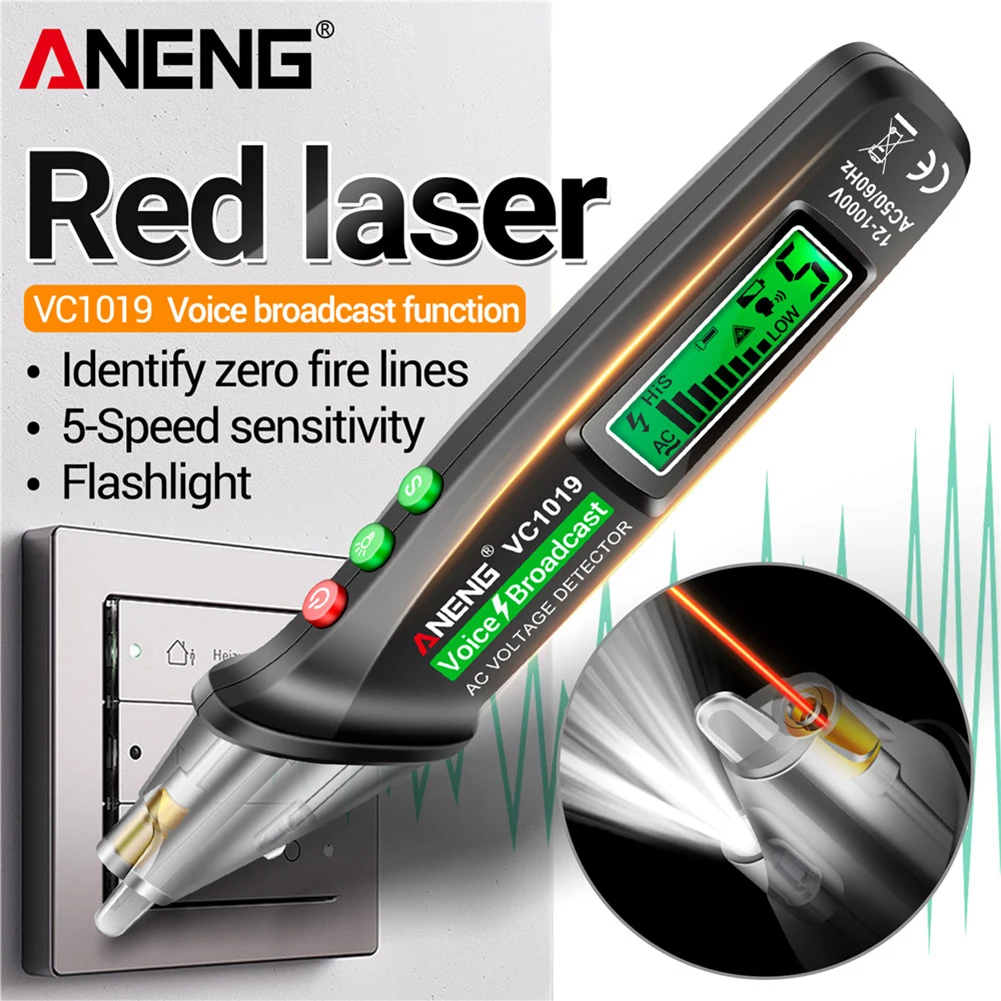 ANENG VC1019 Red Laser Test Pen Voice Broadcast Voltage Detector 12-1000V Volt Current Non-Contact Pen Electric Teste Meter Tool