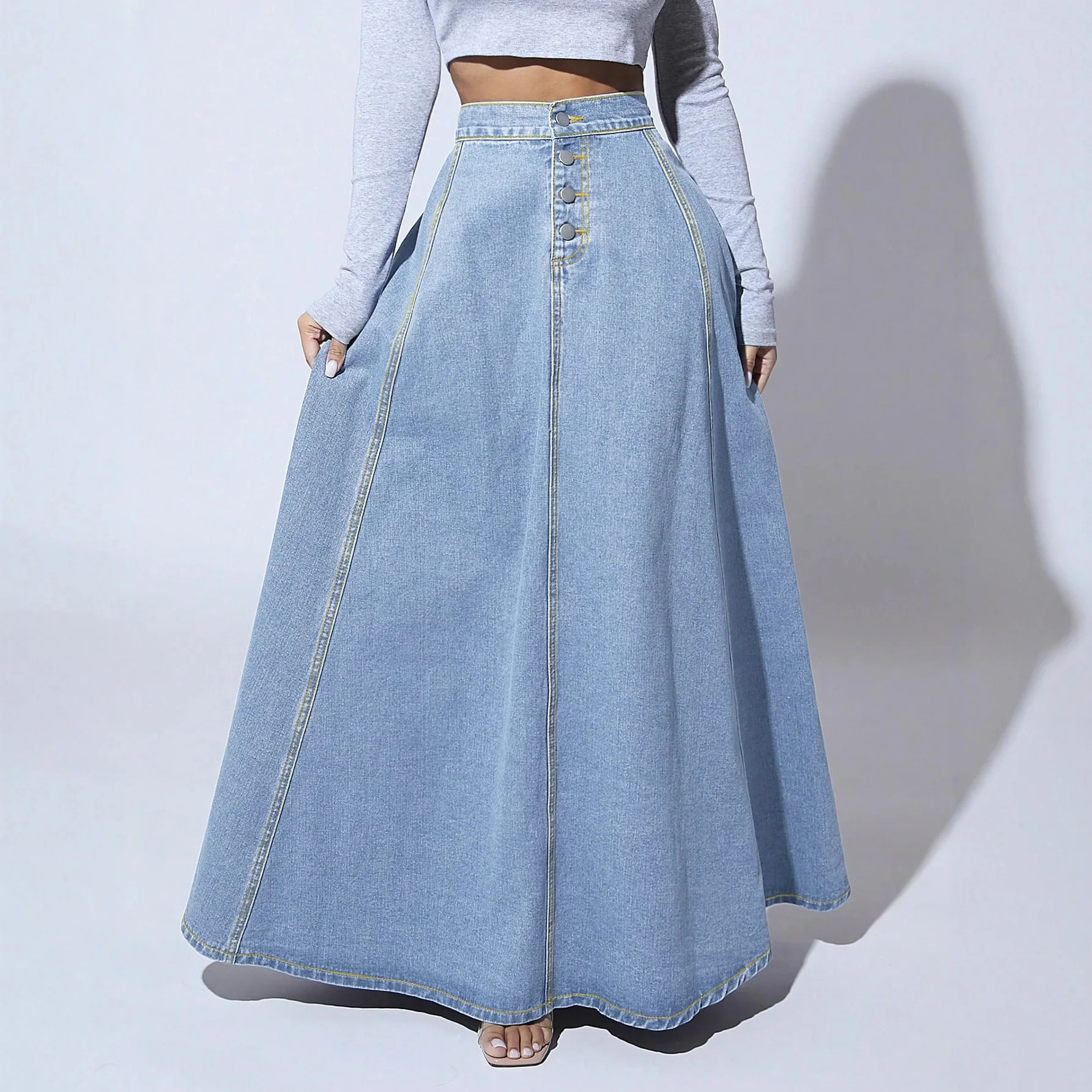 High Waist Denim Skirt Women Autumn 2026 New Arrival Single Buttons Long Skirt Women Korean Style Casual Jeans Skirts Womens