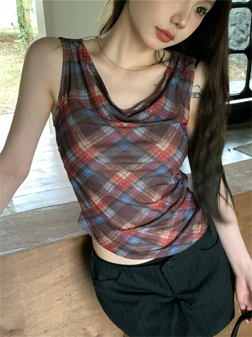 

PLAMTEE All Match Camis Chic Plaid Slim New Women Summer Vintage 2024 Outwear Sexy Party High Street OL Mujer Casual Tank Tops