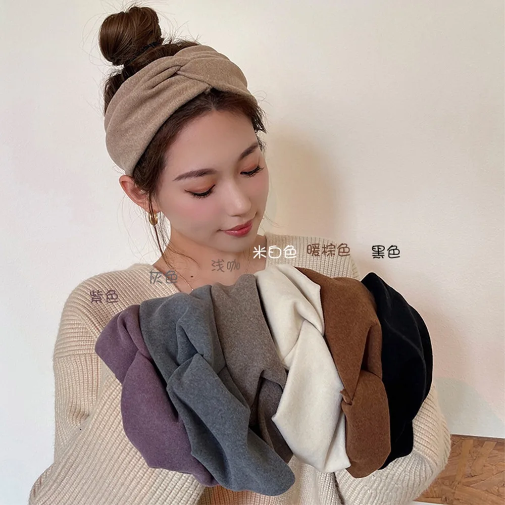 Women Headband Solid Color Wide Turban Cross Knot Knit Hairband Girls Wash Face Hair Accessories Autumn Cotton Twisted Headwrap