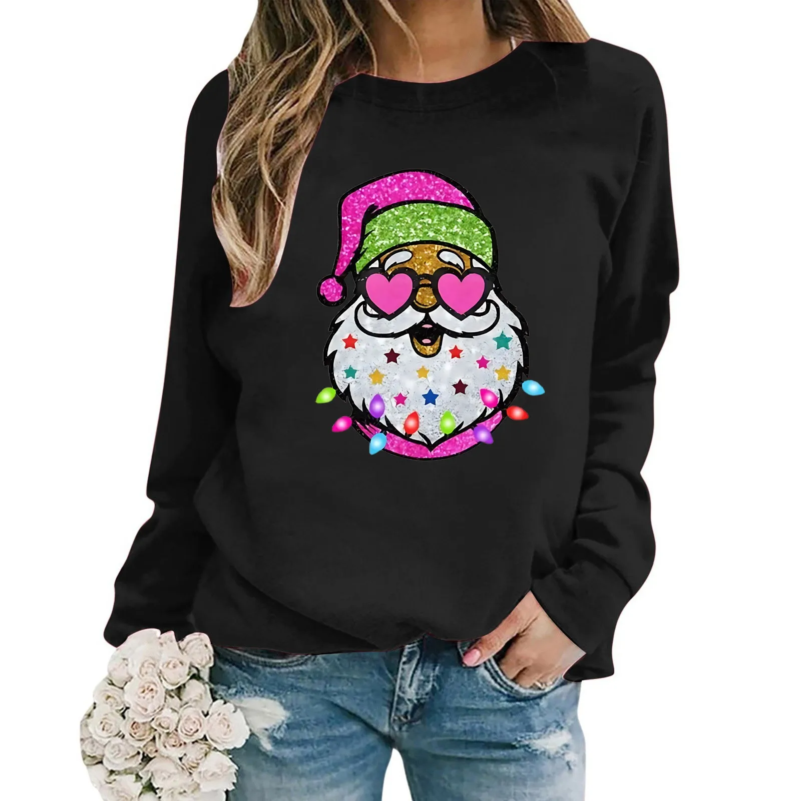 

Santa Rhinestone Decorated Printed Sweatshirt Women's Autumn Winter Long-Sleeved Thermal Pullover Women Beautiful Casual Hoodie