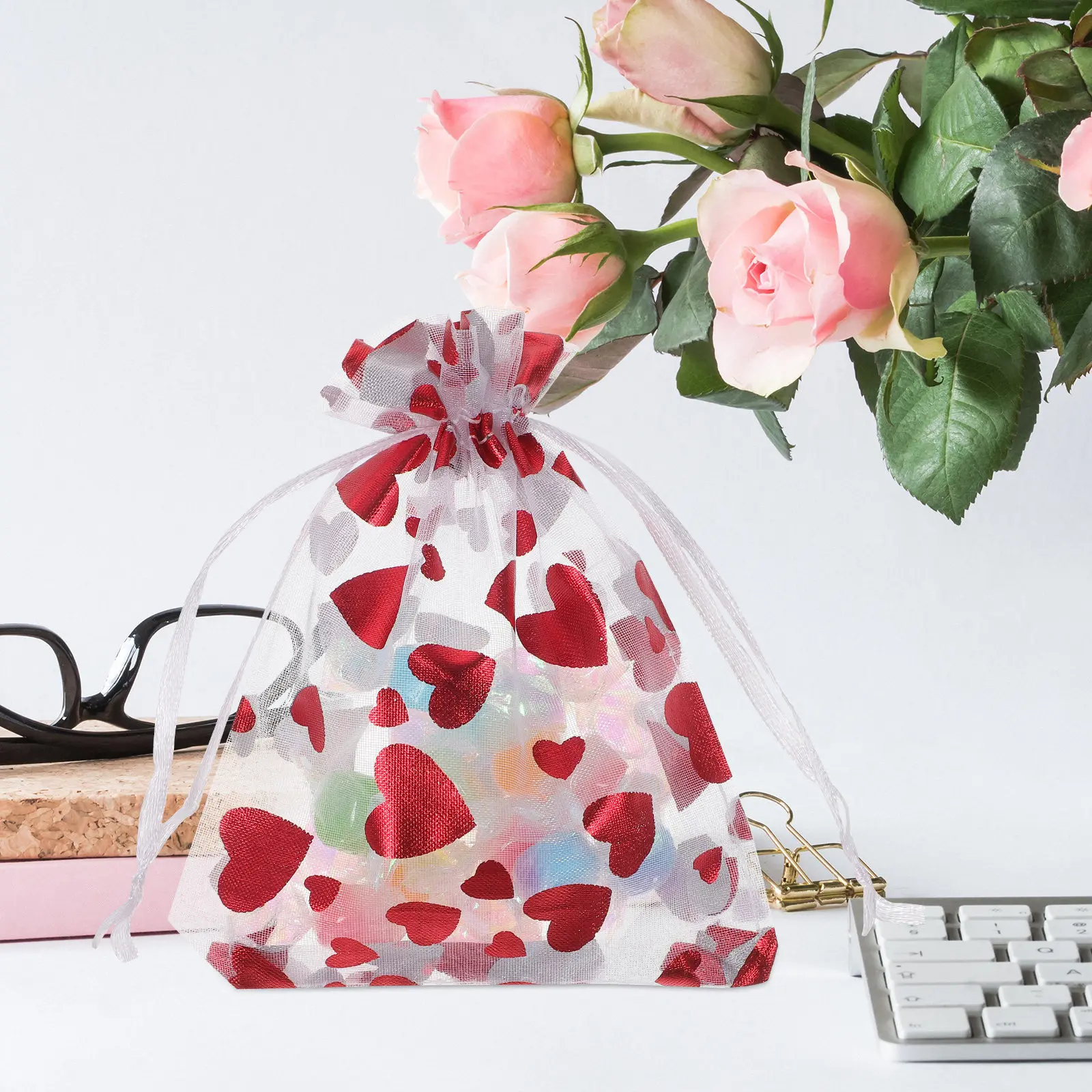 

25Pcs Elegant Heart Styled Organza Drawstring Bags Jewelry Storage Gift Pouch Party Favors Candy Wrapping Small Organizer