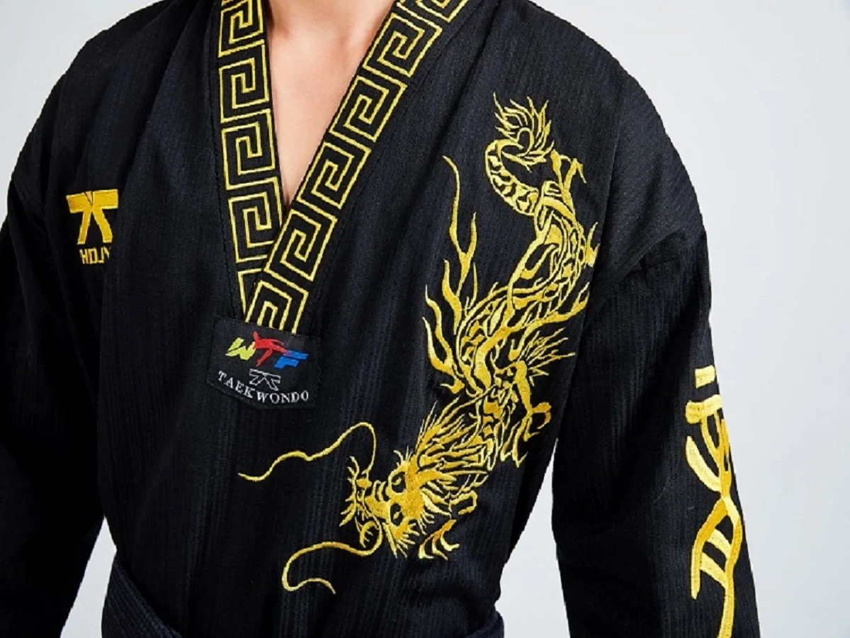 Preto Profissional Taekwondo Unisex treinador dos homens Unisex Set Black Belt Karate Judo Artes Marciais Adulto WTF Roupas de Manga Longa