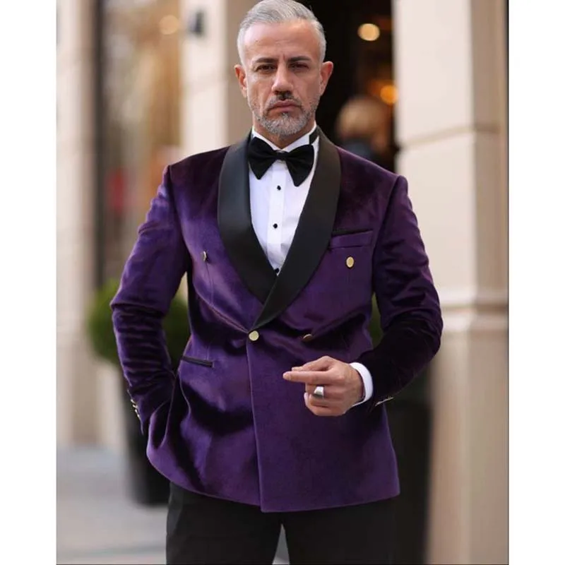 

Elegant Purple Men's Suits Velvet Double Breasted Black Shawl Lapel Blazer Formal Party Chic 2 Piece Jacket Pants Set