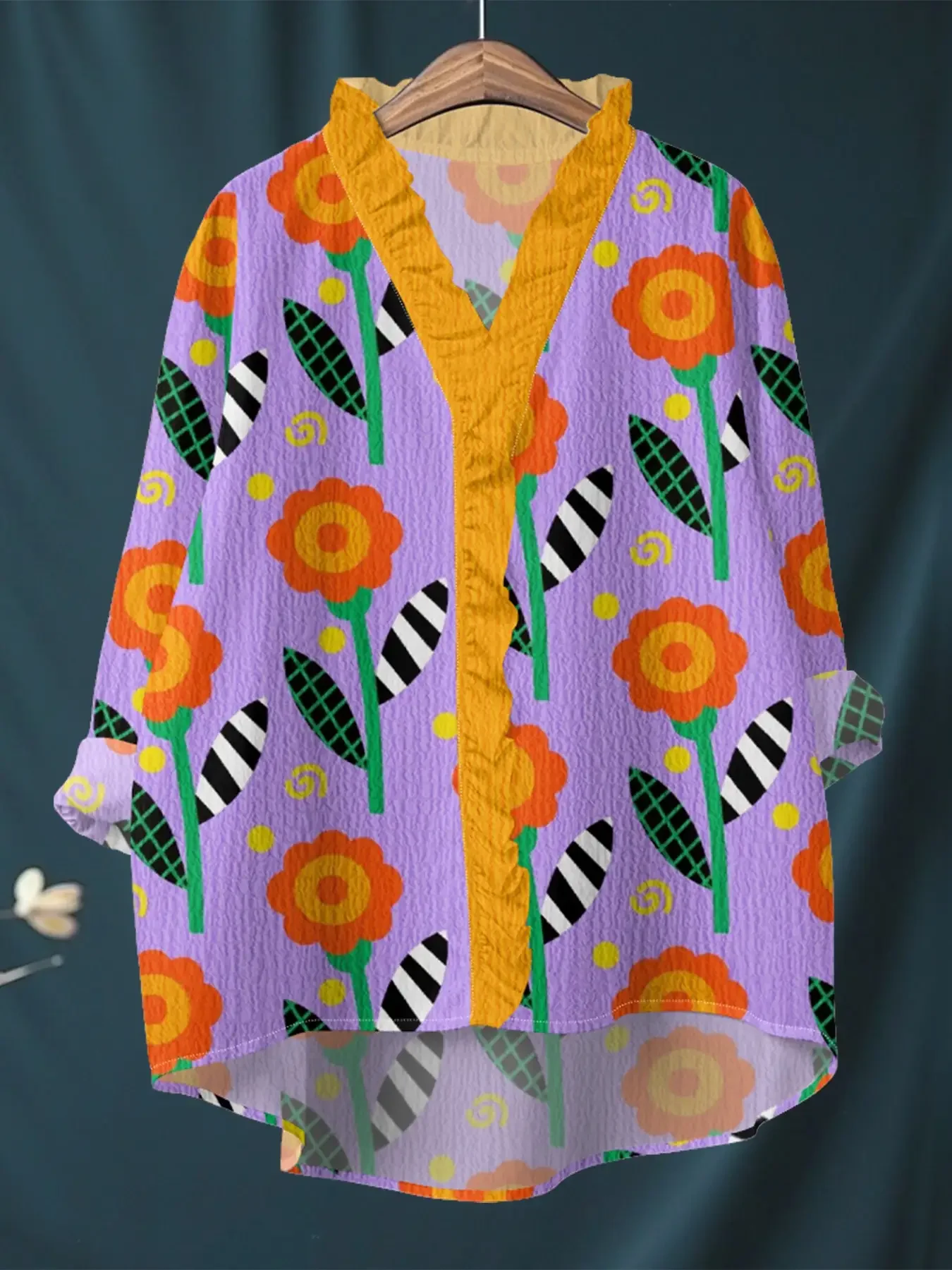 New women's printed long sleeved shirt with ruffled neckline, Retro Art Casual Women's Clothing