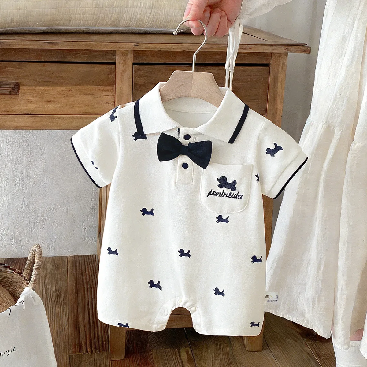Cute Baby Boy Romper 0-2Years Newborn Infant Short Sleeve Turn Down Collar Bow Print Cotton Jumpsuit Outfits Summer Clothes