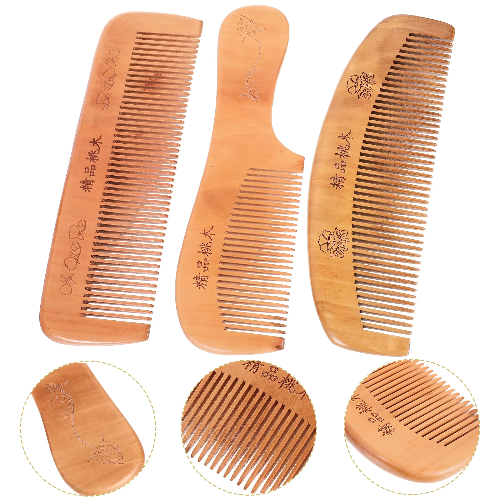 

3PCS Peach Wooden Combs Carved Pocket Wood Comb Natural Anti-static Massage Combs comb