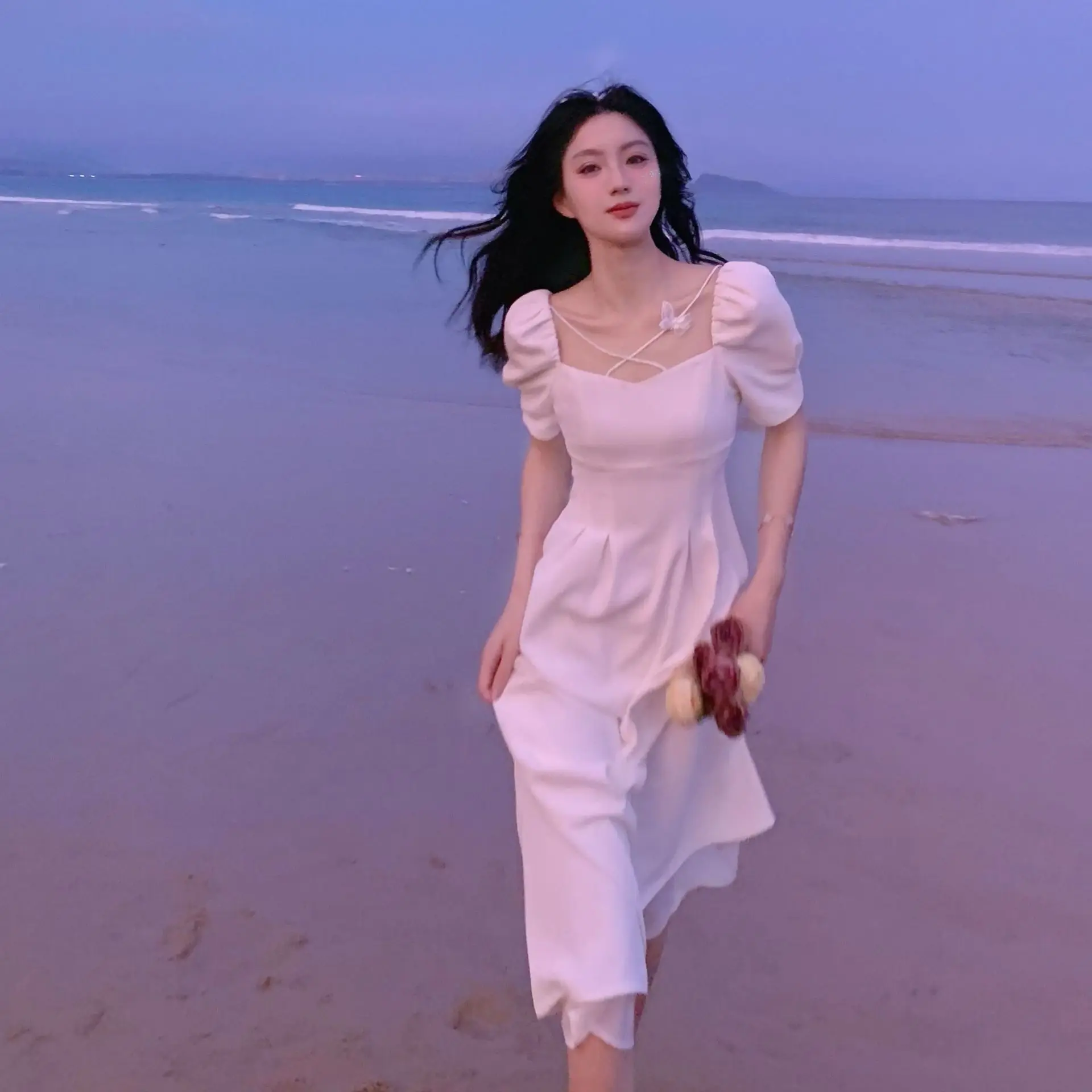 Long Sleeve Square Collar A Line Woman Dress Summer Vintage White Dress 2024 Midi Length New Arrival