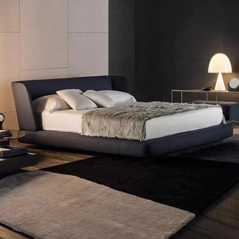 Italian minimalist large flat master bedroom black leather bed, first leather bed, soft bed