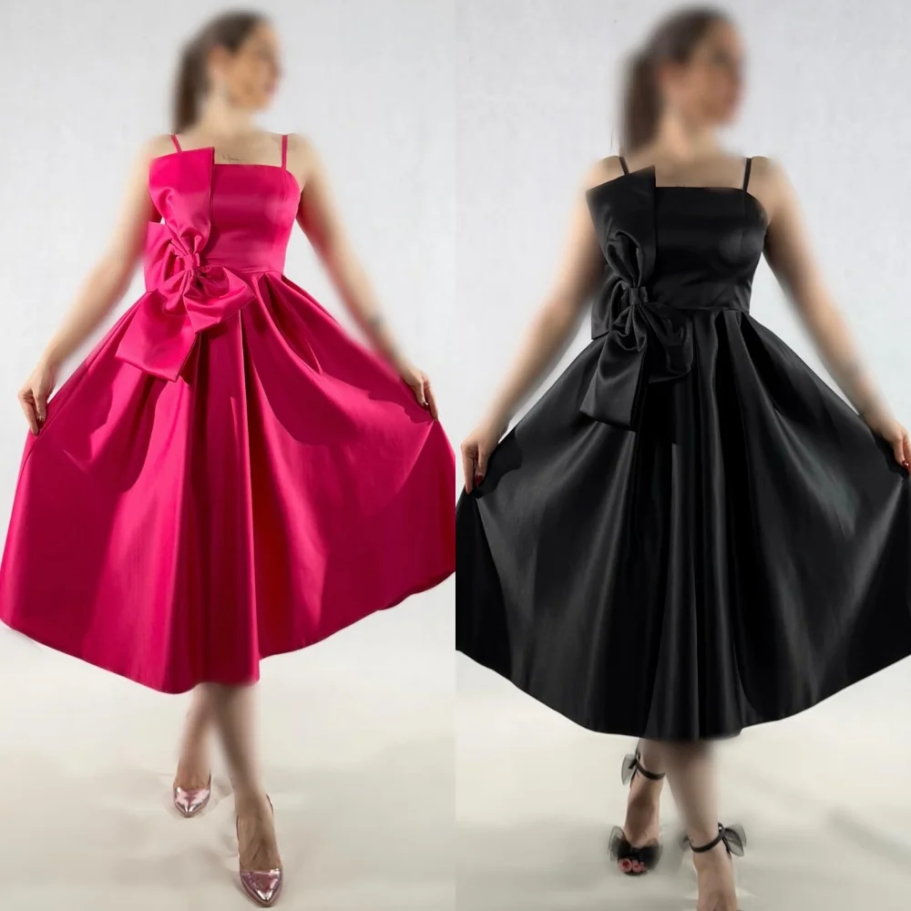 

Customized High Quality Classic Charmeuse Bow Pleat A-line Off-the-shoulder Midi Dresses Bespoke Occasion Dresses Modern Style