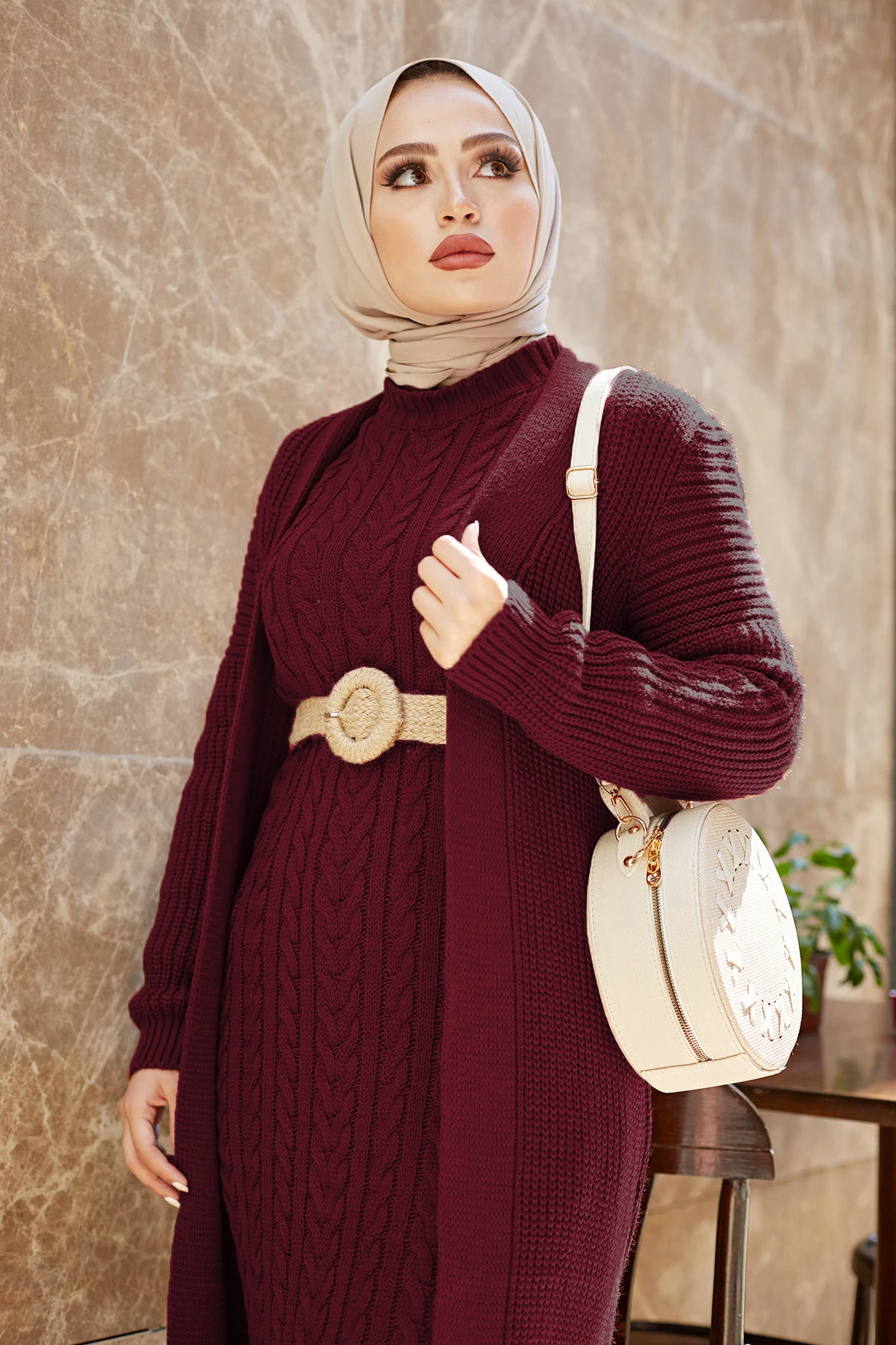 SBH Braided Hırkalı Suit-burgundy Winter Autumn 2021 Muslim Women Hijab headscarf islamic Turkey