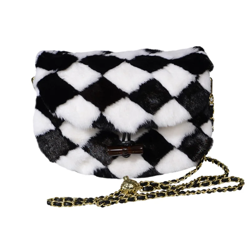 High Quality Mink Hair Shoulder Bag Fall Fashion Real Fur Ladies Chain Skew Straddle Bag High Design Dinner Party Wrist Bag