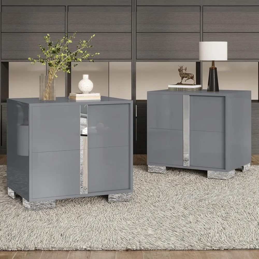

Nightstand Set of 2 - 23.6" Modern End Tables w/ Drawers, High Gloss UV Finish & Electroplated Handles, Bedside Storage"