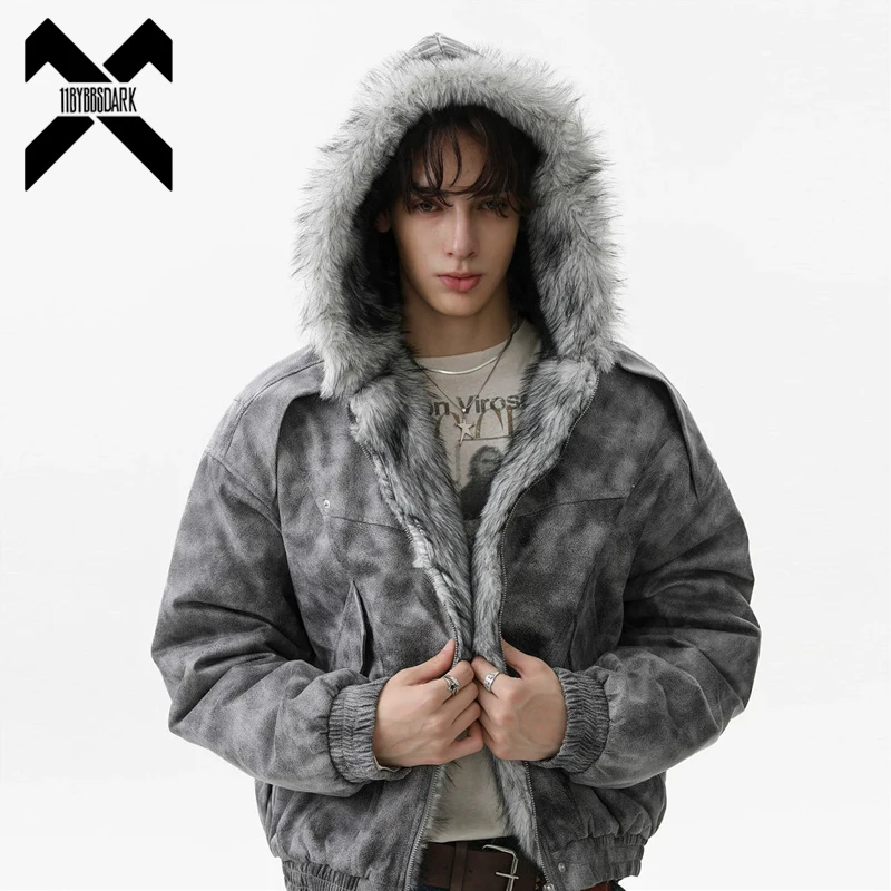 2026 Winter Faux Fur Collar Hooded Jacket Parka Men's Thickened Bomber Jackets Hip Hop Streetwear Y2k Padded Coat