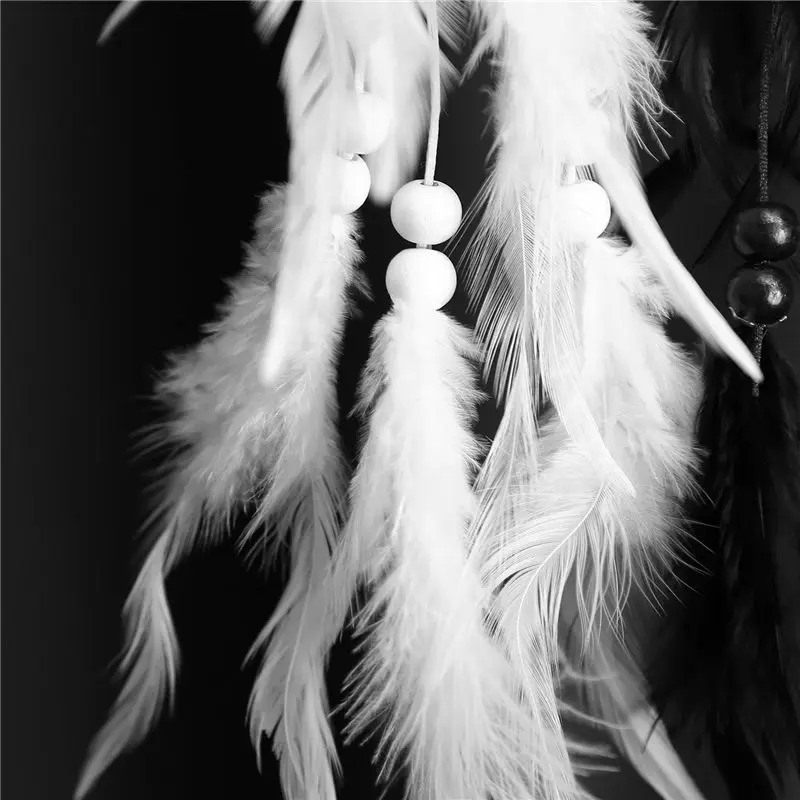 B84B Handmade Yin Yang Dream Catcher Circular Net with Feathers Beads Black and White Home Wall Decor