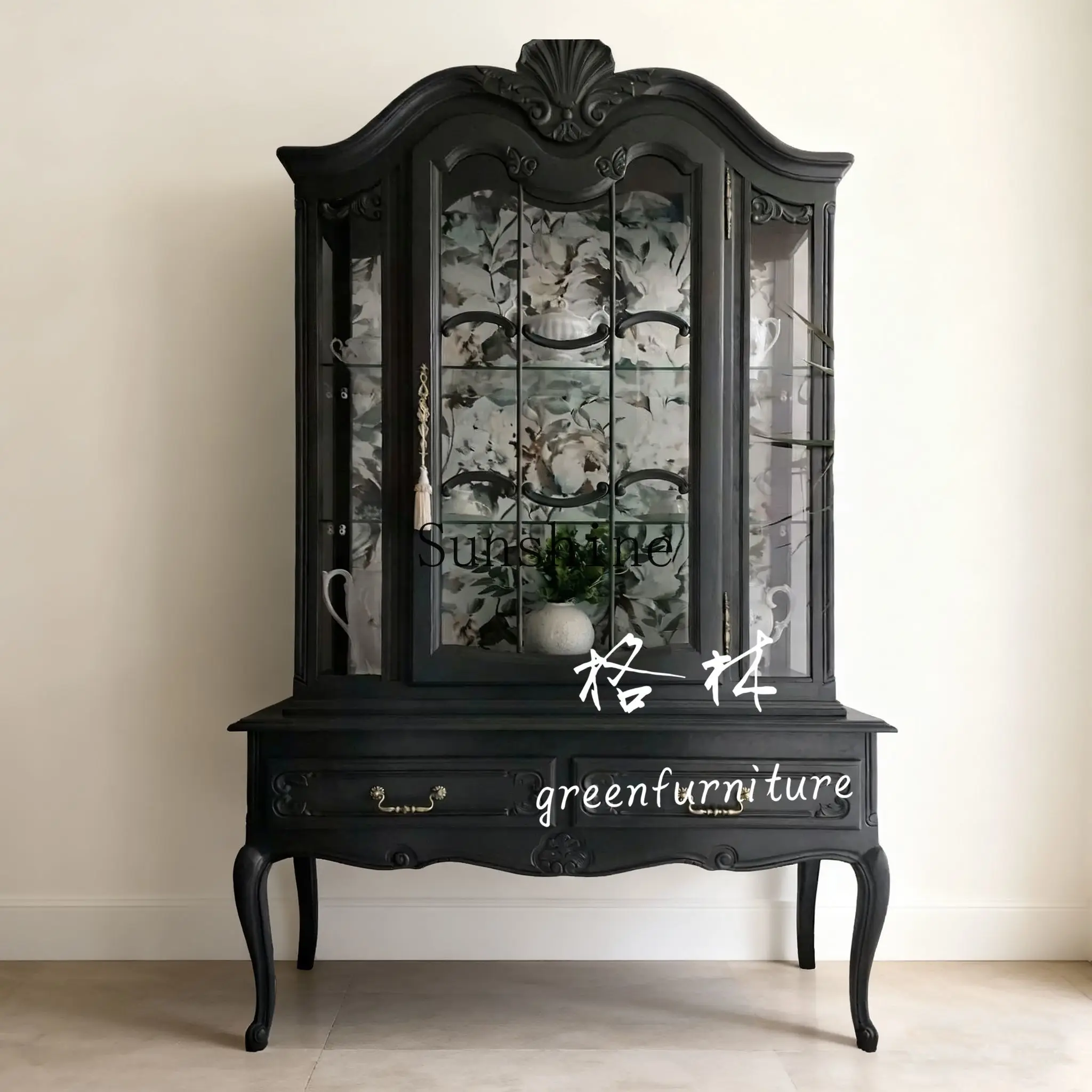 French retro solid wood wine cabinet, rural living room display, simple modern decoration/storage