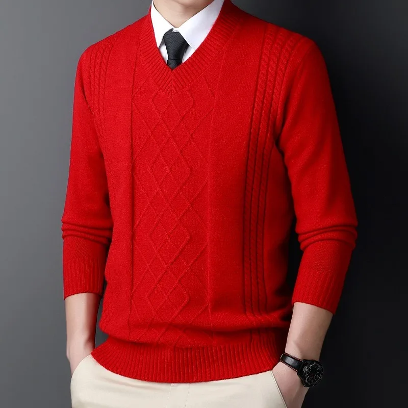 Suéter masculino de malha de alta qualidade, pulôveres de qualidade, casual, retrô, quente, inverno, decote em v, roupa inferior para homens de negócios