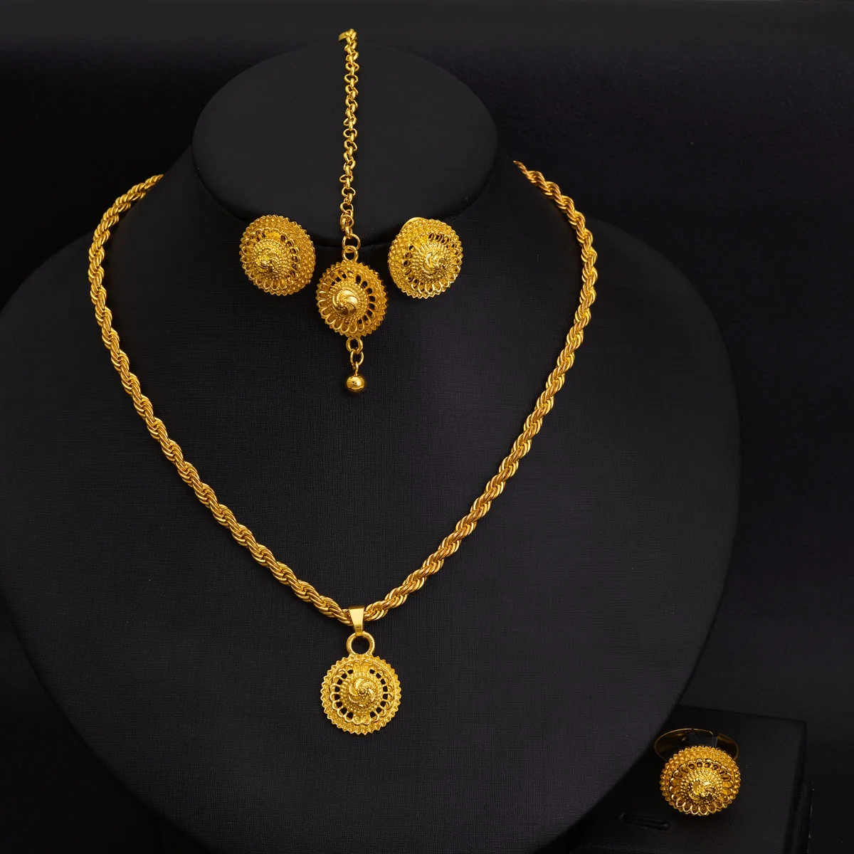 Golden Color Ethiopian Jewelry set Whirlwind Head Chain 4-Piece Sets African Eritrean Wedding Engagement Gifts #188