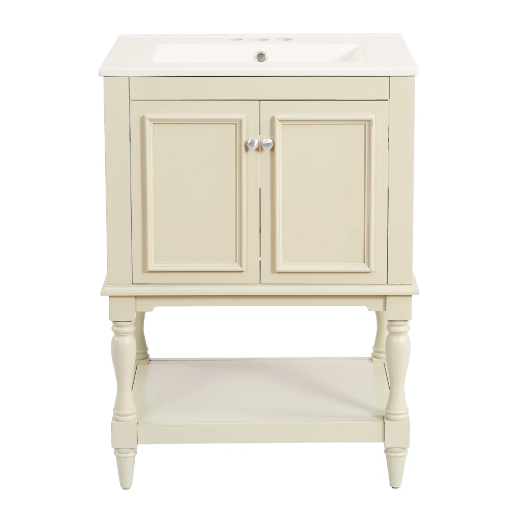 

24 inch Modern Luxury Bathroom Vanity with Ceramic Sink, Bathroom Cabinet with Open Shelf and Closed Storage