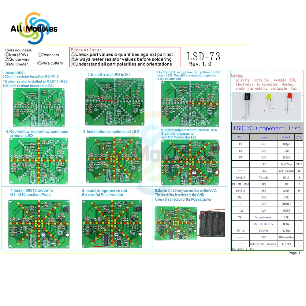 Eletrônico Dual-Color Piscando Kit Eletrônico Flash Light, piscando de solda Prática Board, PCB Circuit Training Suite, vermelho e amarelo, 73 LEDs