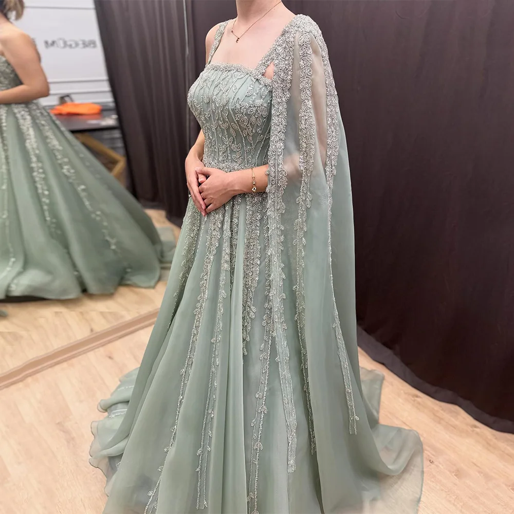 Elegant Formal Evening Dress for Woman Customized Square Neck Sleeveless Beading Sequined A Line Prom Gown with Cape image 5
