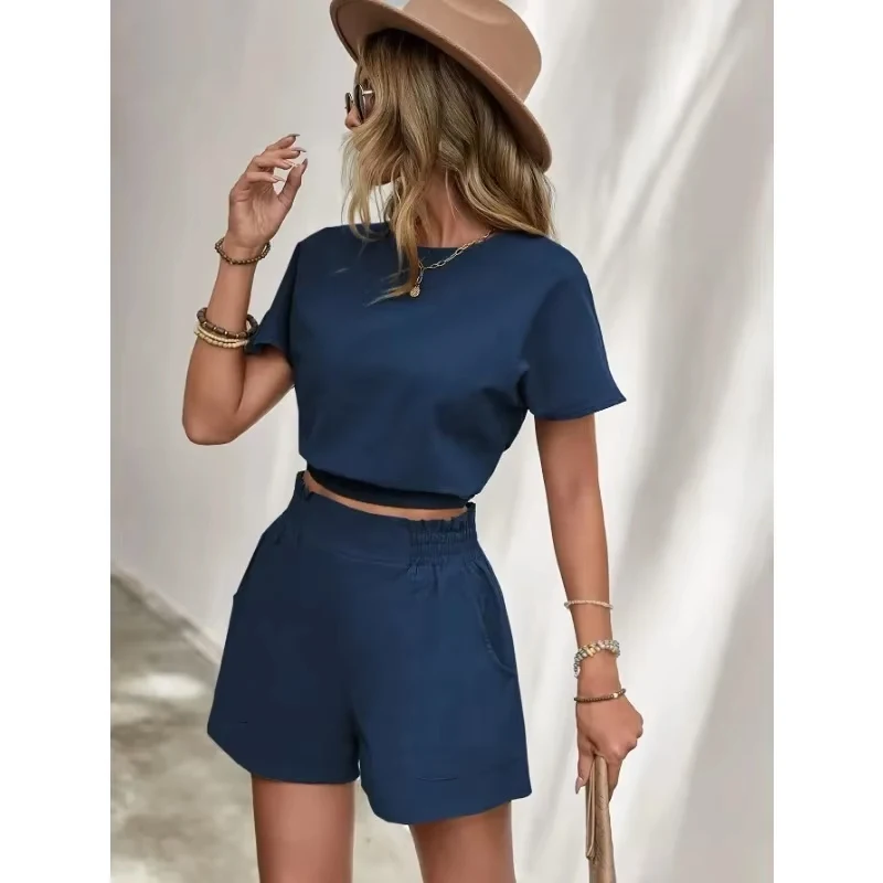 

Women's 2 Piece SetCasual Loose Comfortable Fashion Round Neck T-Shirts and Elastic Waist Shorts Female Summer Top Trouser Suit