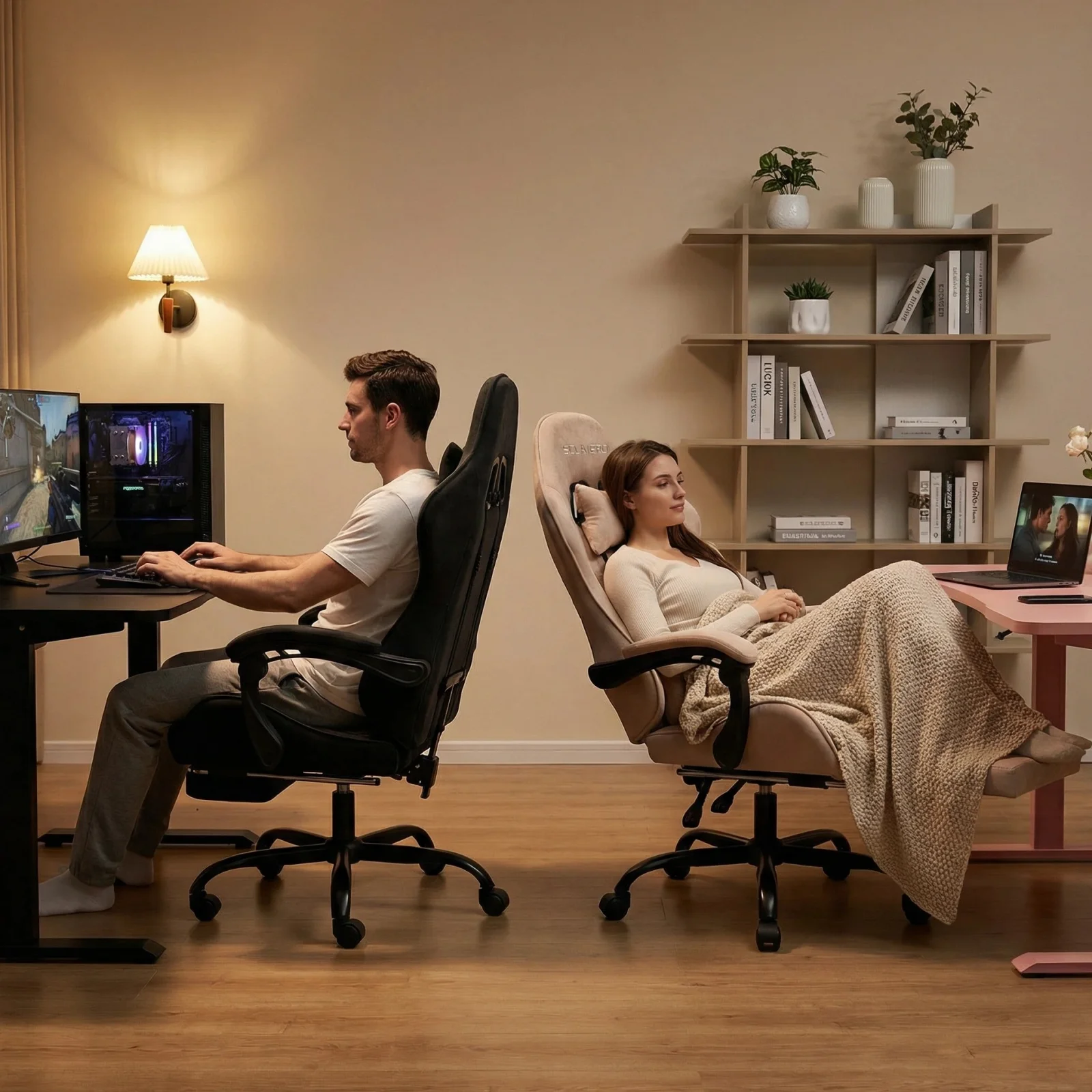 Cadeira de Massagem para Jogos, Cadeira de Escritório para Computador com Tecido Confortável, Cadeira de Jogo Ajustável em Altura com Rotação 360° ° Assento Giratório e Apoio de Cabeça