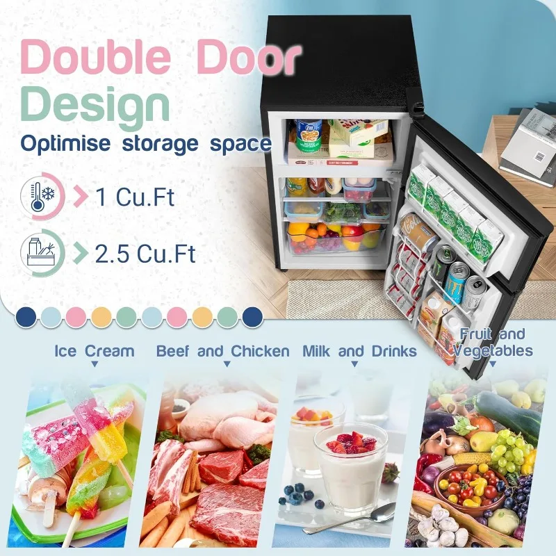 3.5 Cu.Ft Mini Fridge with Freezer, Double Door Small Refrigerator, Energy Saving & Low Noise, Adjustable Thermostat