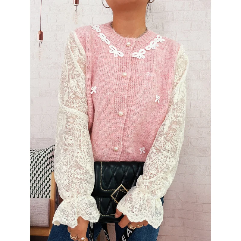 Autumn and Winter Elegant Commuting Lace Sleeve Spliced Bow Knitted Button Sweater Cardigan
