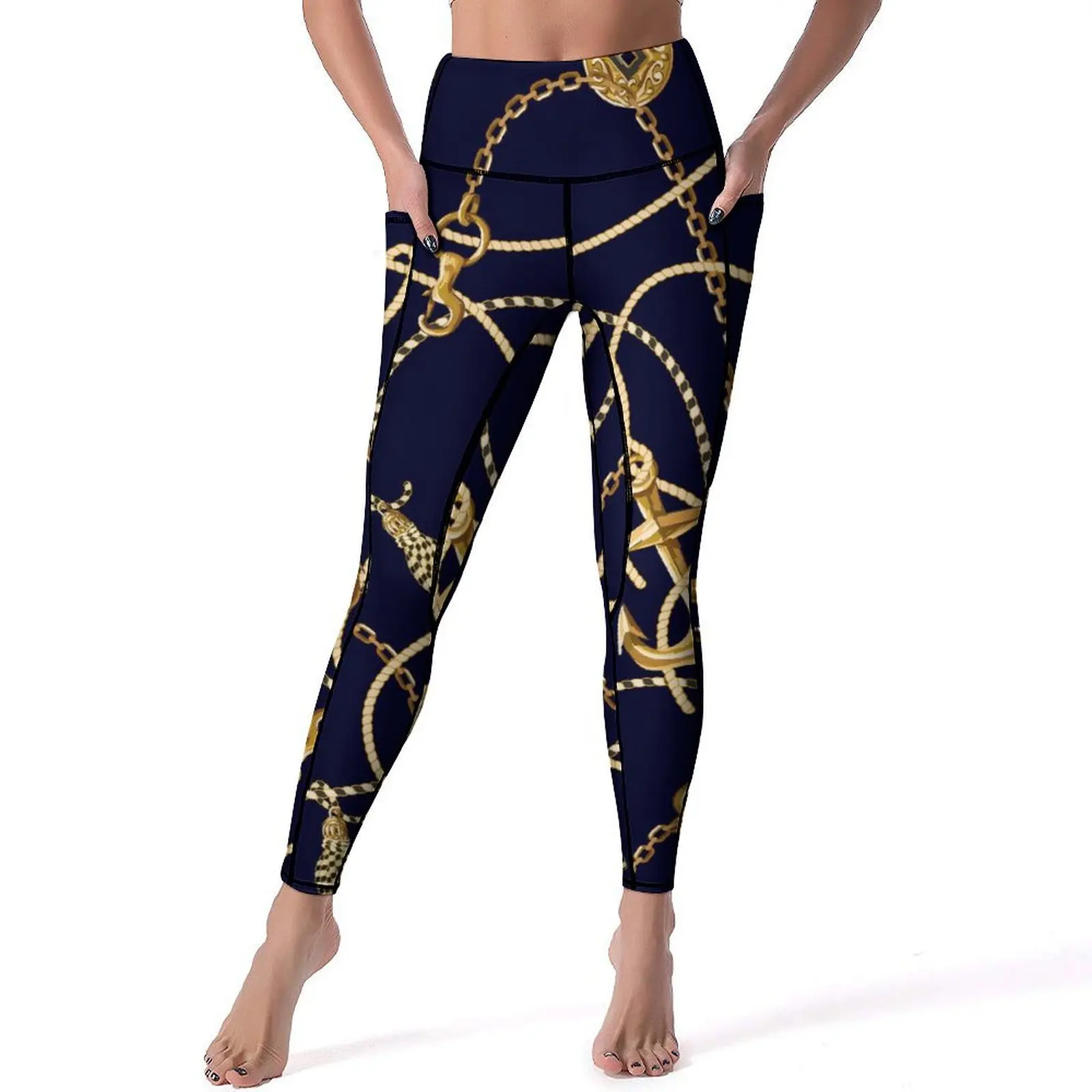 

Gold Chains Print Leggings Sexy Anchor Running Yoga Pants High Waist Quick-Dry Sports Tights Pockets Retro Custom Leggins