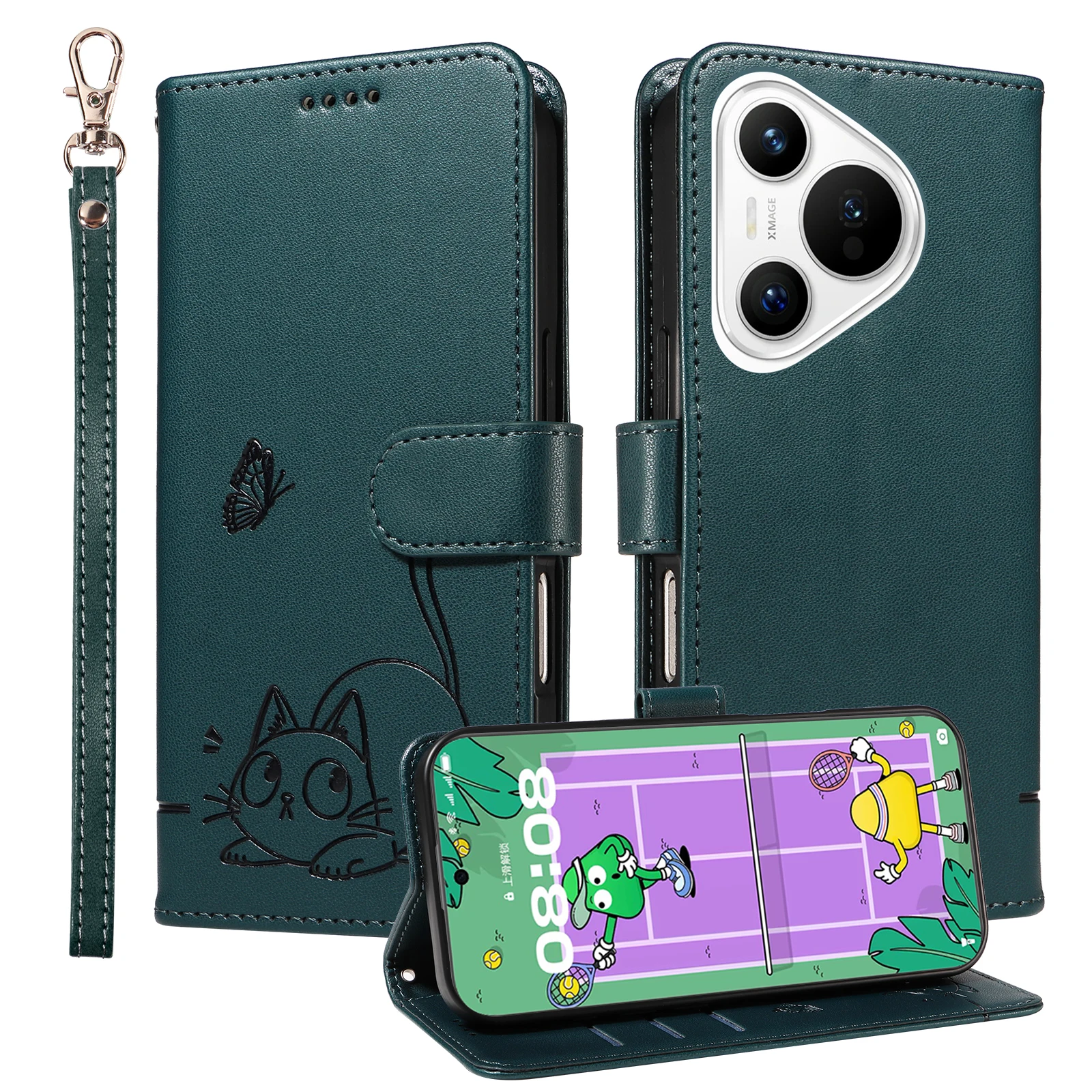 マグネットウォレットフリップレザーケース Huawei Pura 70 P20 P30 Mate 10 20 Pro Lite 2017用 |   猫と蝶のエンボスデザイン