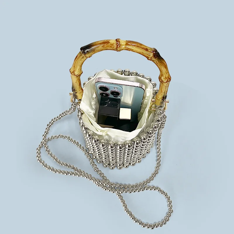 New niche design drawstring bucket bag, pearl chain bag, hand-held bamboo bag, hand woven crossbody bag