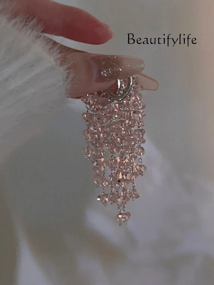 Light luxury, simple and exquisite white pink crystal fringed earrings, personalized niche and advanced