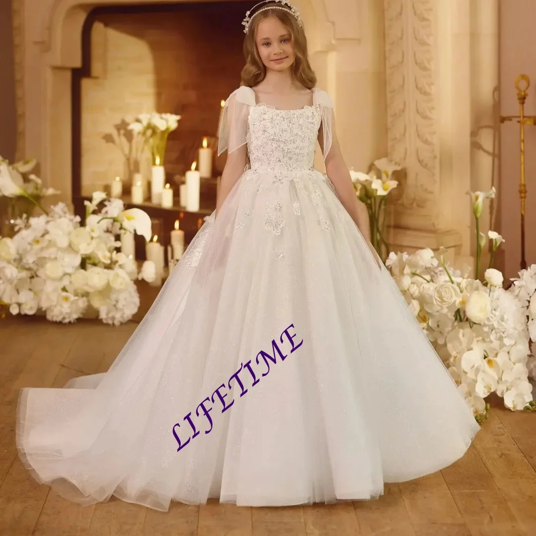 

White Bohemian Flower Girl Dresses For Wedding Lace Ball Gown Birthday Party Gowns Customized First Communion Dress